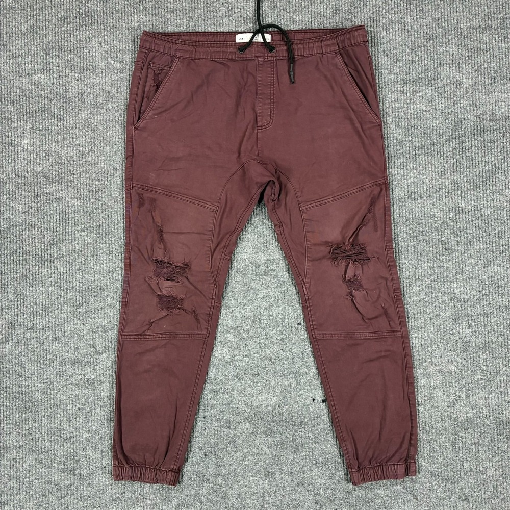 Cotton On Drake Jogger Pants Mens Size 36 Burgundy Distressed Stretch Drawstring